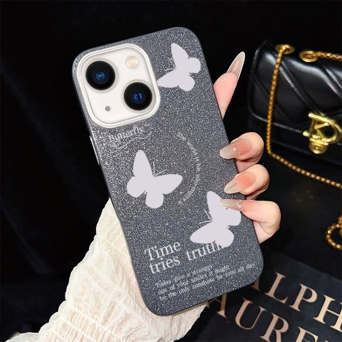 Funda híbrida para teléfono IMD con estampado de mariposas blancas y purpurina, de PC y TPU., For iPhone 17e / 16e, For iPhone 17 Pro Max, For iPhone 17 Pro, For iPhone 17, For iPhone Air, For iPhone 16 Pro Max, For iPhone 16 Pro, For iPhone 16 Plus   ...