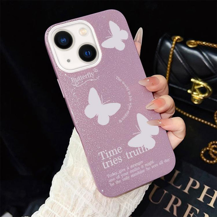 Funda híbrida para teléfono IMD con estampado de mariposas blancas y purpurina, de PC y TPU., For iPhone 17e / 16e, For iPhone 17 Pro Max, For iPhone 17 Pro, For iPhone 17, For iPhone Air, For iPhone 16 Pro Max, For iPhone 16 Pro, For iPhone 16 Plus   ...