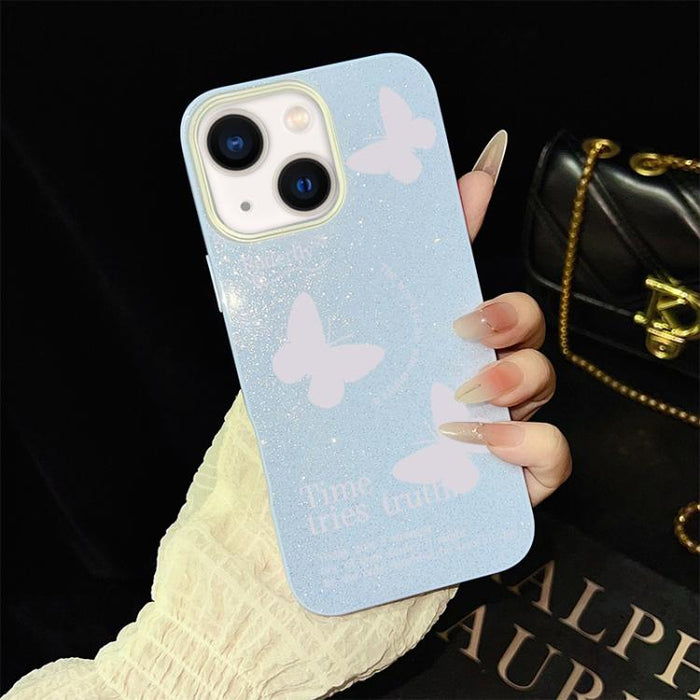 Funda híbrida para teléfono IMD con estampado de mariposas blancas y purpurina, de PC y TPU., For iPhone 17e / 16e, For iPhone 17 Pro Max, For iPhone 17 Pro, For iPhone 17, For iPhone Air, For iPhone 16 Pro Max, For iPhone 16 Pro, For iPhone 16 Plus   ...