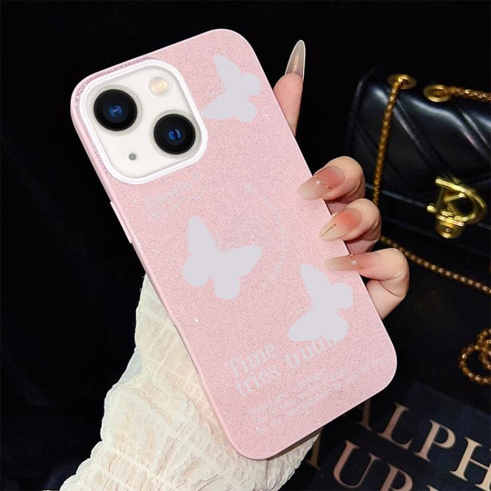 Funda híbrida para teléfono IMD con estampado de mariposas blancas y purpurina, de PC y TPU., For iPhone 17e / 16e, For iPhone 17 Pro Max, For iPhone 17 Pro, For iPhone 17, For iPhone Air, For iPhone 16 Pro Max, For iPhone 16 Pro, For iPhone 16 Plus   ...