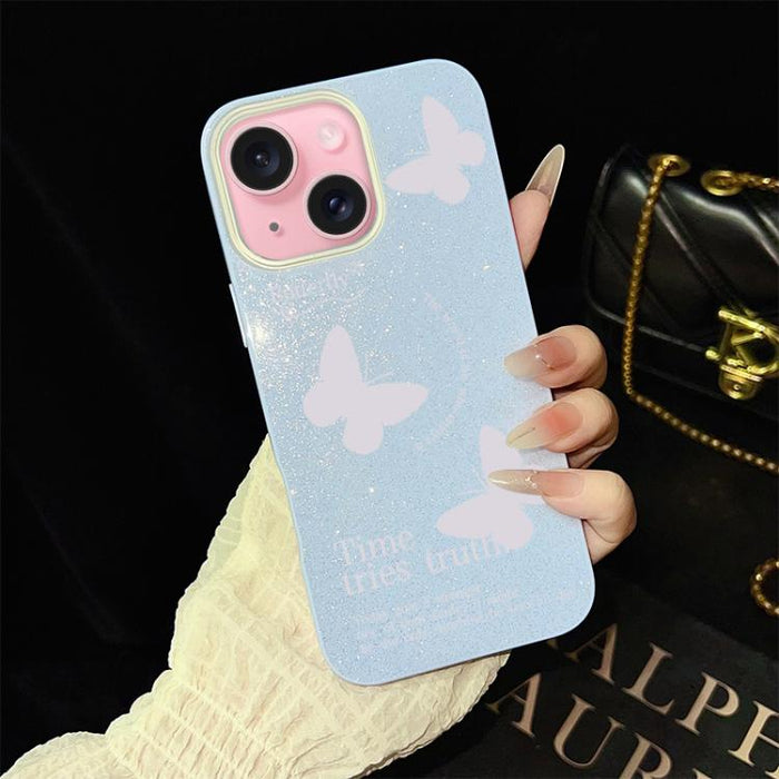Funda híbrida para teléfono IMD con estampado de mariposas blancas y purpurina, de PC y TPU., For iPhone 17e / 16e, For iPhone 17 Pro Max, For iPhone 17 Pro, For iPhone 17, For iPhone Air, For iPhone 16 Pro Max, For iPhone 16 Pro, For iPhone 16 Plus   ...