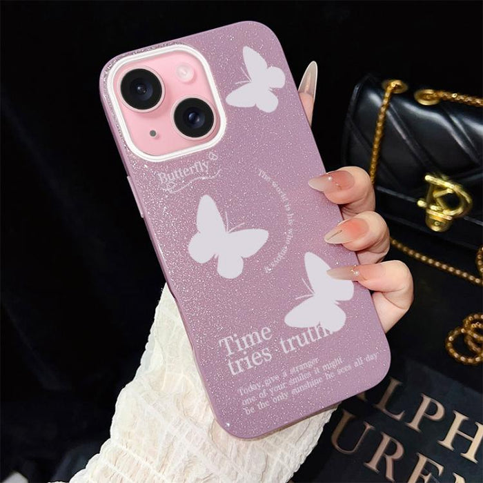 Funda híbrida para teléfono IMD con estampado de mariposas blancas y purpurina, de PC y TPU., For iPhone 17e / 16e, For iPhone 17 Pro Max, For iPhone 17 Pro, For iPhone 17, For iPhone Air, For iPhone 16 Pro Max, For iPhone 16 Pro, For iPhone 16 Plus   ...