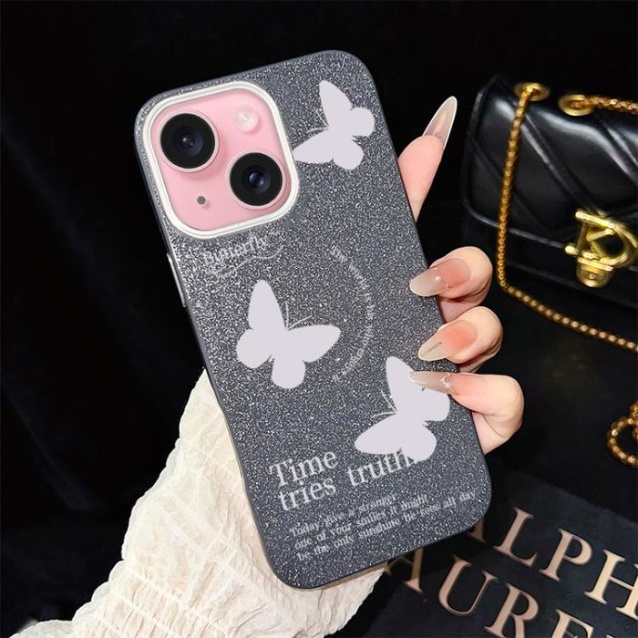 Funda híbrida para teléfono IMD con estampado de mariposas blancas y purpurina, de PC y TPU., For iPhone 17e / 16e, For iPhone 17 Pro Max, For iPhone 17 Pro, For iPhone 17, For iPhone Air, For iPhone 16 Pro Max, For iPhone 16 Pro, For iPhone 16 Plus   ...