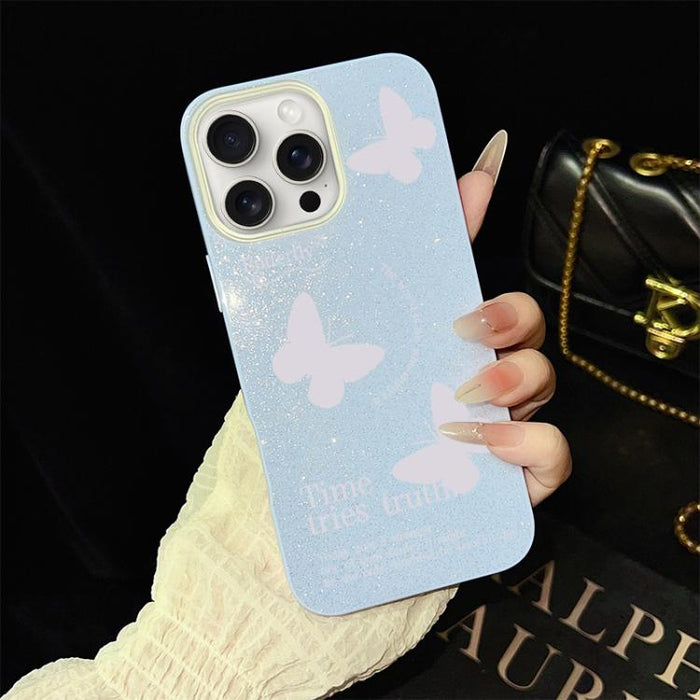 Funda híbrida para teléfono IMD con estampado de mariposas blancas y purpurina, de PC y TPU., For iPhone 17e / 16e, For iPhone 17 Pro Max, For iPhone 17 Pro, For iPhone 17, For iPhone Air, For iPhone 16 Pro Max, For iPhone 16 Pro, For iPhone 16 Plus   ...