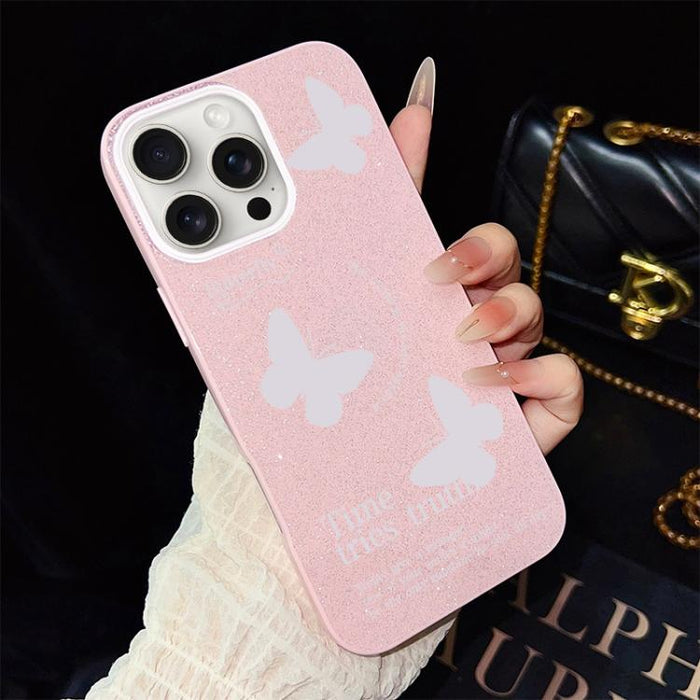 Funda híbrida para teléfono IMD con estampado de mariposas blancas y purpurina, de PC y TPU., For iPhone 17e / 16e, For iPhone 17 Pro Max, For iPhone 17 Pro, For iPhone 17, For iPhone Air, For iPhone 16 Pro Max, For iPhone 16 Pro, For iPhone 16 Plus   ...