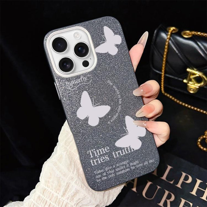 Funda híbrida para teléfono IMD con estampado de mariposas blancas y purpurina, de PC y TPU., For iPhone 17e / 16e, For iPhone 17 Pro Max, For iPhone 17 Pro, For iPhone 17, For iPhone Air, For iPhone 16 Pro Max, For iPhone 16 Pro, For iPhone 16 Plus   ...