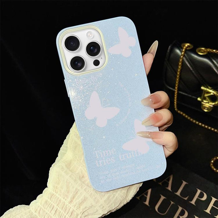 Funda híbrida para teléfono IMD con estampado de mariposas blancas y purpurina, de PC y TPU., For iPhone 17e / 16e, For iPhone 17 Pro Max, For iPhone 17 Pro, For iPhone 17, For iPhone Air, For iPhone 16 Pro Max, For iPhone 16 Pro, For iPhone 16 Plus   ...