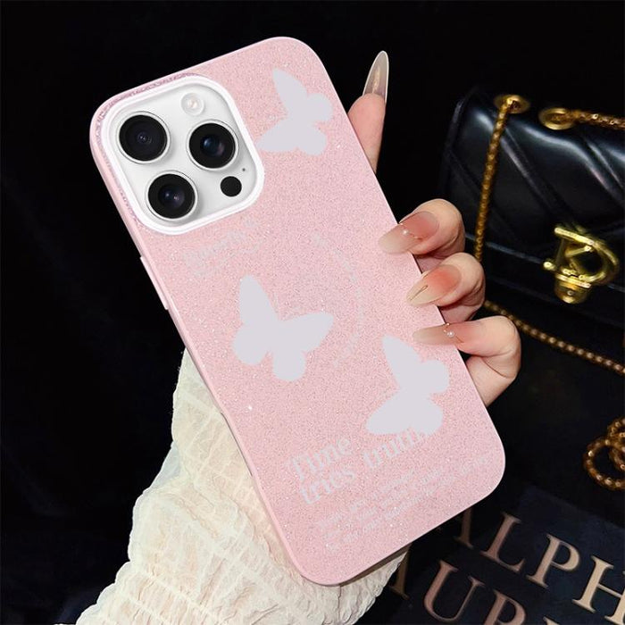 Funda híbrida para teléfono IMD con estampado de mariposas blancas y purpurina, de PC y TPU., For iPhone 17e / 16e, For iPhone 17 Pro Max, For iPhone 17 Pro, For iPhone 17, For iPhone Air, For iPhone 16 Pro Max, For iPhone 16 Pro, For iPhone 16 Plus   ...