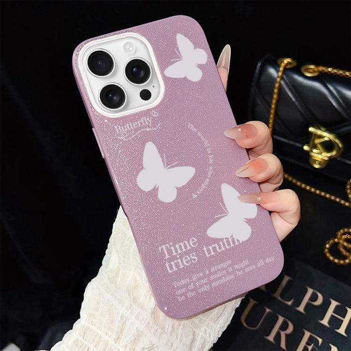 Funda híbrida para teléfono IMD con estampado de mariposas blancas y purpurina, de PC y TPU., For iPhone 17e / 16e, For iPhone 17 Pro Max, For iPhone 17 Pro, For iPhone 17, For iPhone Air, For iPhone 16 Pro Max, For iPhone 16 Pro, For iPhone 16 Plus   ...