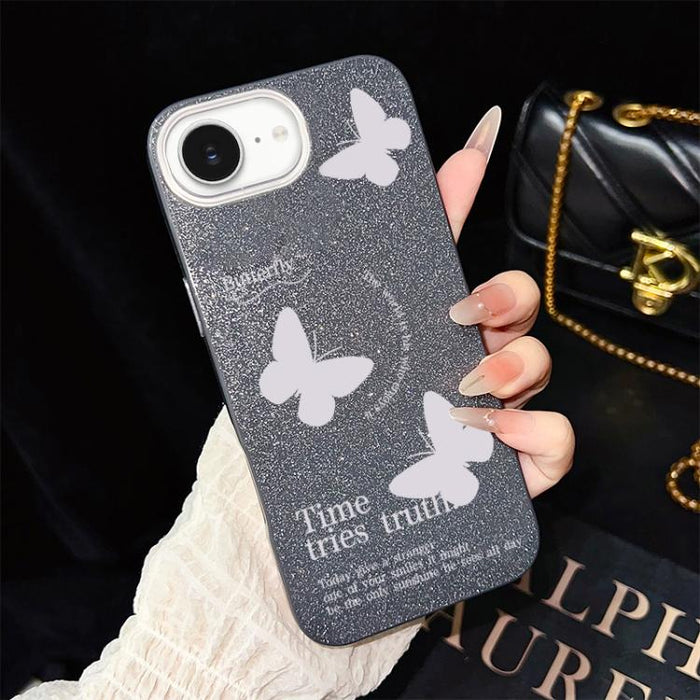 Funda híbrida para teléfono IMD con estampado de mariposas blancas y purpurina, de PC y TPU., For iPhone 17e / 16e, For iPhone 17 Pro Max, For iPhone 17 Pro, For iPhone 17, For iPhone Air, For iPhone 16 Pro Max, For iPhone 16 Pro, For iPhone 16 Plus   ...