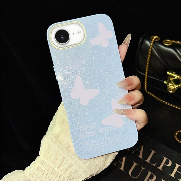 Funda híbrida para teléfono IMD con estampado de mariposas blancas y purpurina, de PC y TPU., For iPhone 17e / 16e, For iPhone 17 Pro Max, For iPhone 17 Pro, For iPhone 17, For iPhone Air, For iPhone 16 Pro Max, For iPhone 16 Pro, For iPhone 16 Plus   ...