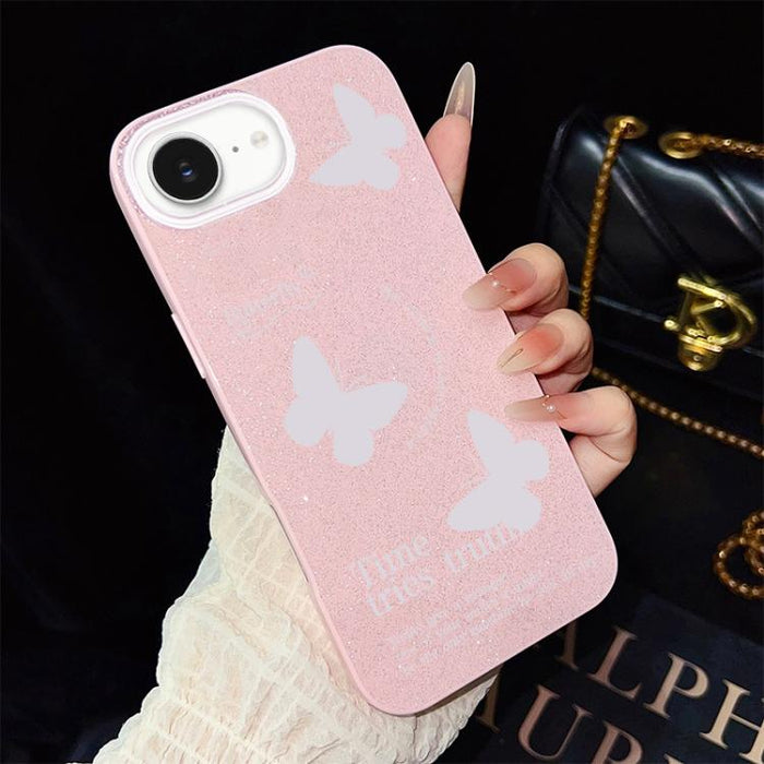 Funda híbrida para teléfono IMD con estampado de mariposas blancas y purpurina, de PC y TPU., For iPhone 17e / 16e, For iPhone 17 Pro Max, For iPhone 17 Pro, For iPhone 17, For iPhone Air, For iPhone 16 Pro Max, For iPhone 16 Pro, For iPhone 16 Plus   ...