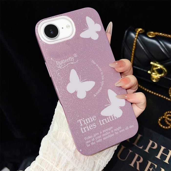 Funda híbrida para teléfono IMD con estampado de mariposas blancas y purpurina, de PC y TPU., For iPhone 17e / 16e, For iPhone 17 Pro Max, For iPhone 17 Pro, For iPhone 17, For iPhone Air, For iPhone 16 Pro Max, For iPhone 16 Pro, For iPhone 16 Plus   ...