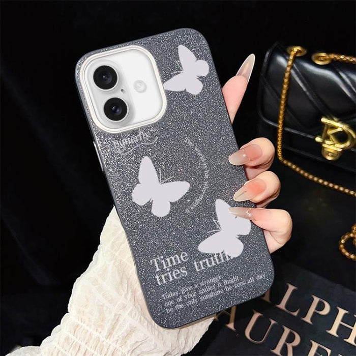 Funda híbrida para teléfono IMD con estampado de mariposas blancas y purpurina, de PC y TPU., For iPhone 17e / 16e, For iPhone 17 Pro Max, For iPhone 17 Pro, For iPhone 17, For iPhone Air, For iPhone 16 Pro Max, For iPhone 16 Pro, For iPhone 16 Plus   ...