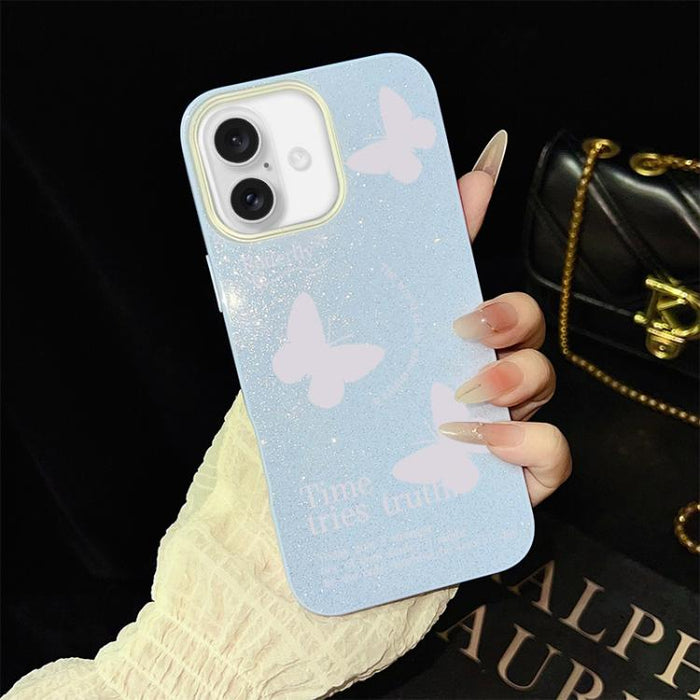 Funda híbrida para teléfono IMD con estampado de mariposas blancas y purpurina, de PC y TPU., For iPhone 17e / 16e, For iPhone 17 Pro Max, For iPhone 17 Pro, For iPhone 17, For iPhone Air, For iPhone 16 Pro Max, For iPhone 16 Pro, For iPhone 16 Plus   ...