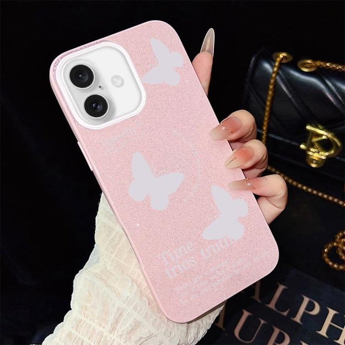 Funda híbrida para teléfono IMD con estampado de mariposas blancas y purpurina, de PC y TPU., For iPhone 17e / 16e, For iPhone 17 Pro Max, For iPhone 17 Pro, For iPhone 17, For iPhone Air, For iPhone 16 Pro Max, For iPhone 16 Pro, For iPhone 16 Plus   ...