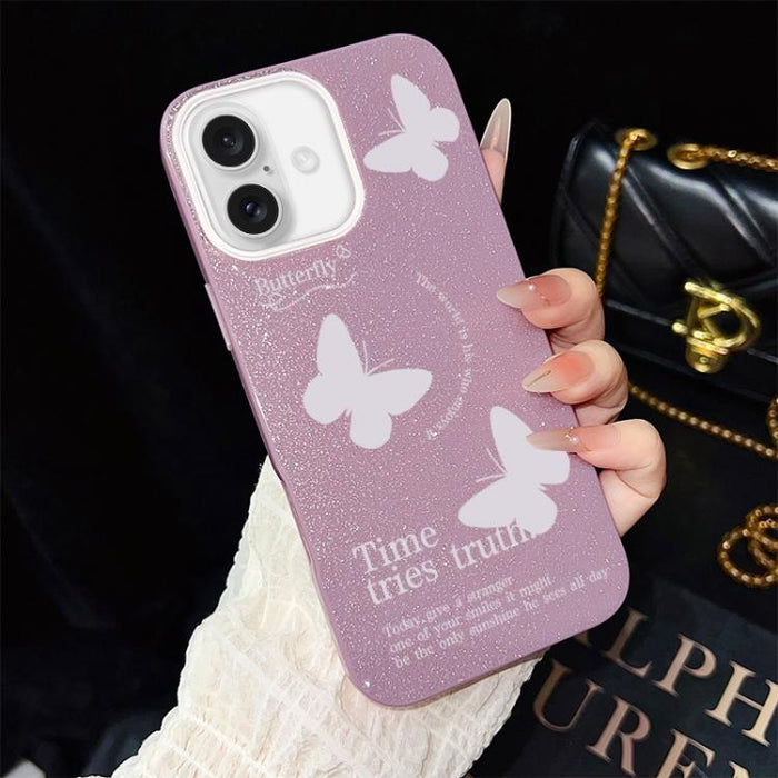 Funda híbrida para teléfono IMD con estampado de mariposas blancas y purpurina, de PC y TPU., For iPhone 17e / 16e, For iPhone 17 Pro Max, For iPhone 17 Pro, For iPhone 17, For iPhone Air, For iPhone 16 Pro Max, For iPhone 16 Pro, For iPhone 16 Plus   ...