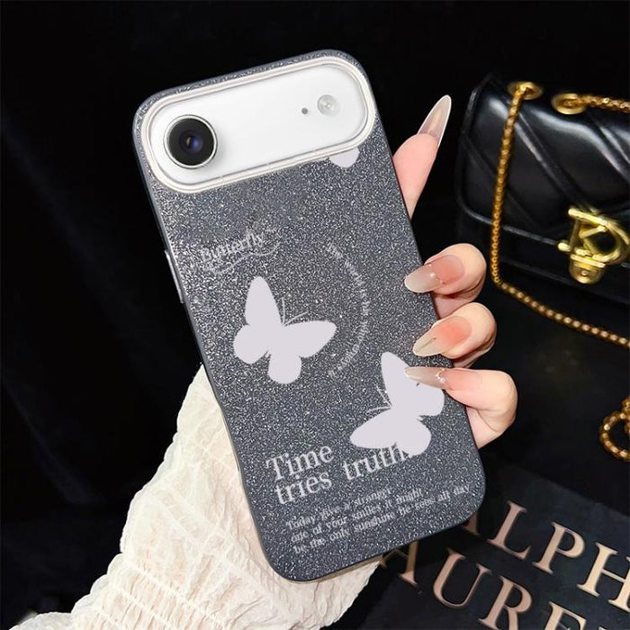 Funda híbrida para teléfono IMD con estampado de mariposas blancas y purpurina, de PC y TPU., For iPhone 17e / 16e, For iPhone 17 Pro Max, For iPhone 17 Pro, For iPhone 17, For iPhone Air, For iPhone 16 Pro Max, For iPhone 16 Pro, For iPhone 16 Plus   ...