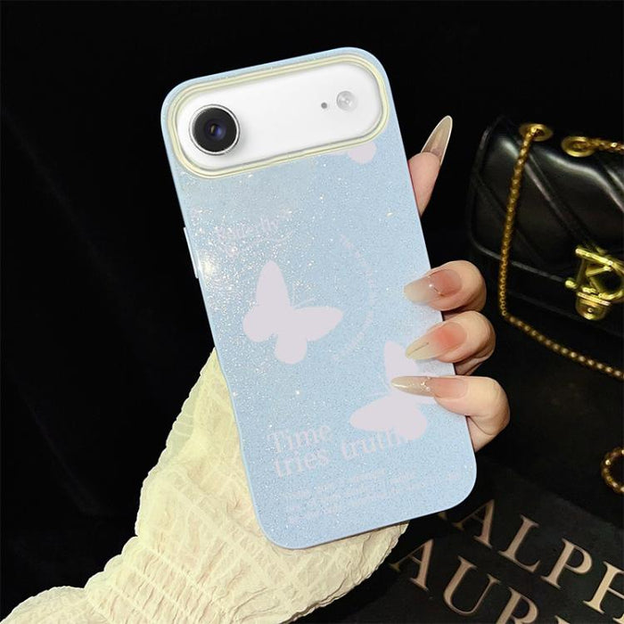 Funda híbrida para teléfono IMD con estampado de mariposas blancas y purpurina, de PC y TPU., For iPhone 17e / 16e, For iPhone 17 Pro Max, For iPhone 17 Pro, For iPhone 17, For iPhone Air, For iPhone 16 Pro Max, For iPhone 16 Pro, For iPhone 16 Plus   ...