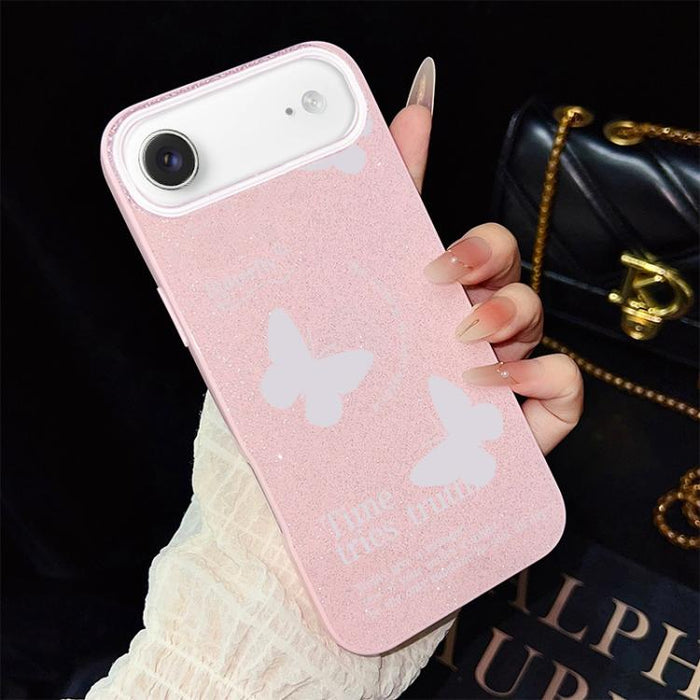 Funda híbrida para teléfono IMD con estampado de mariposas blancas y purpurina, de PC y TPU., For iPhone 17e / 16e, For iPhone 17 Pro Max, For iPhone 17 Pro, For iPhone 17, For iPhone Air, For iPhone 16 Pro Max, For iPhone 16 Pro, For iPhone 16 Plus   ...