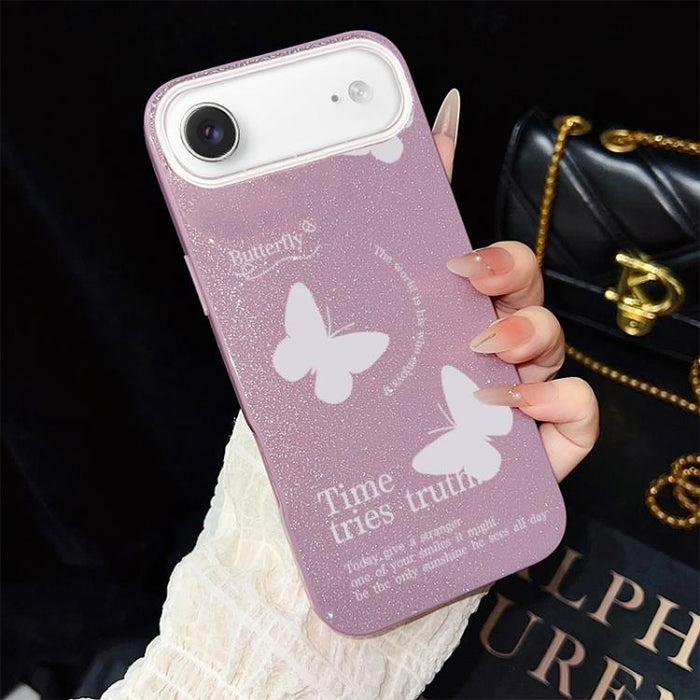 Funda híbrida para teléfono IMD con estampado de mariposas blancas y purpurina, de PC y TPU., For iPhone 17e / 16e, For iPhone 17 Pro Max, For iPhone 17 Pro, For iPhone 17, For iPhone Air, For iPhone 16 Pro Max, For iPhone 16 Pro, For iPhone 16 Plus   ...