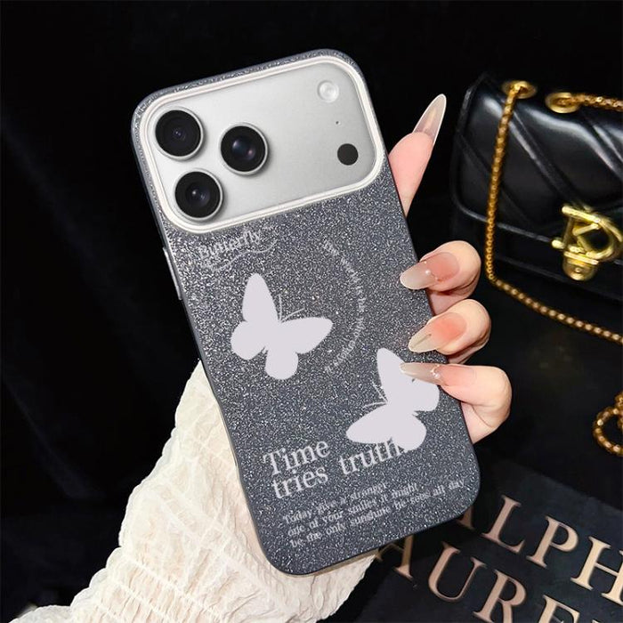 Funda híbrida para teléfono IMD con estampado de mariposas blancas y purpurina, de PC y TPU., For iPhone 17e / 16e, For iPhone 17 Pro Max, For iPhone 17 Pro, For iPhone 17, For iPhone Air, For iPhone 16 Pro Max, For iPhone 16 Pro, For iPhone 16 Plus   ...