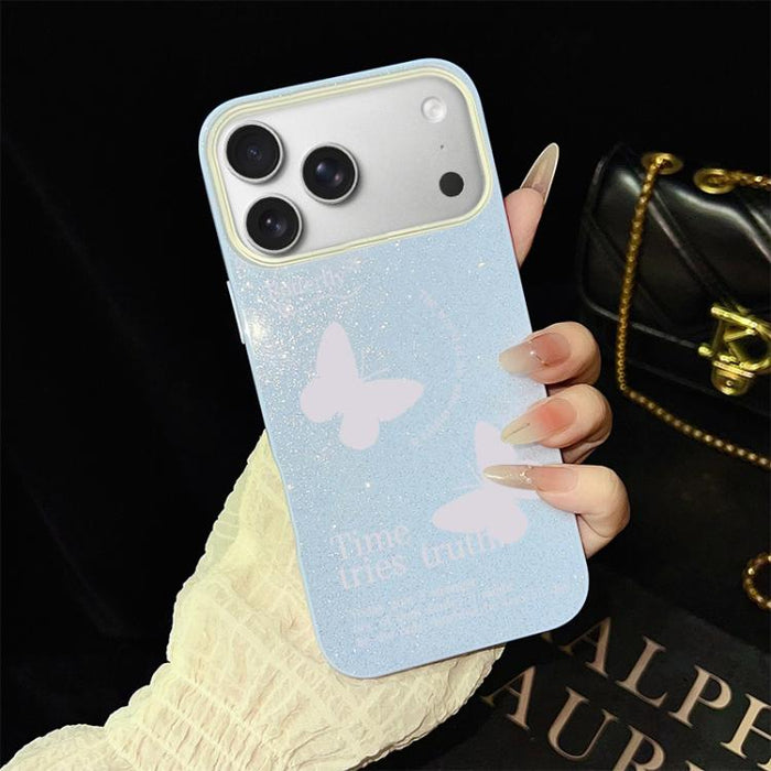 Funda híbrida para teléfono IMD con estampado de mariposas blancas y purpurina, de PC y TPU., For iPhone 17e / 16e, For iPhone 17 Pro Max, For iPhone 17 Pro, For iPhone 17, For iPhone Air, For iPhone 16 Pro Max, For iPhone 16 Pro, For iPhone 16 Plus   ...