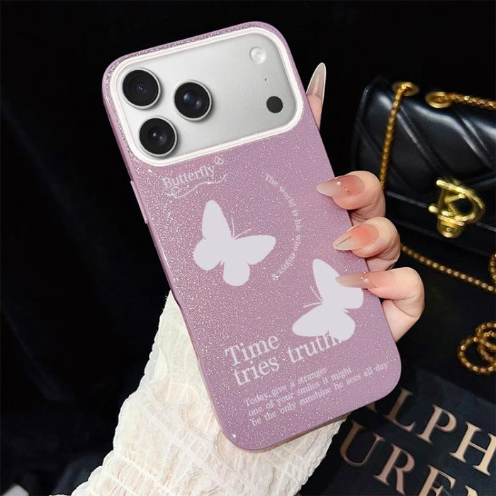 Funda híbrida para teléfono IMD con estampado de mariposas blancas y purpurina, de PC y TPU., For iPhone 17e / 16e, For iPhone 17 Pro Max, For iPhone 17 Pro, For iPhone 17, For iPhone Air, For iPhone 16 Pro Max, For iPhone 16 Pro, For iPhone 16 Plus   ...