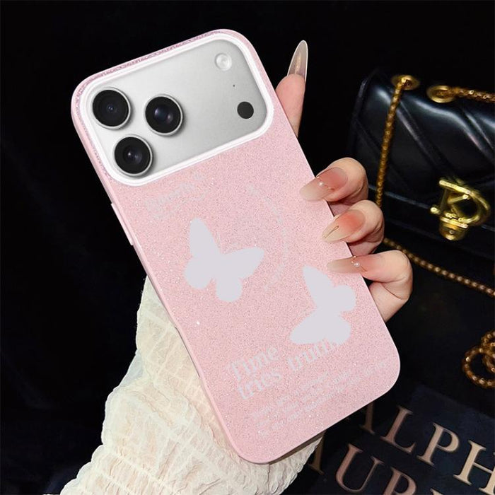 Funda híbrida para teléfono IMD con estampado de mariposas blancas y purpurina, de PC y TPU., For iPhone 17e / 16e, For iPhone 17 Pro Max, For iPhone 17 Pro, For iPhone 17, For iPhone Air, For iPhone 16 Pro Max, For iPhone 16 Pro, For iPhone 16 Plus   ...