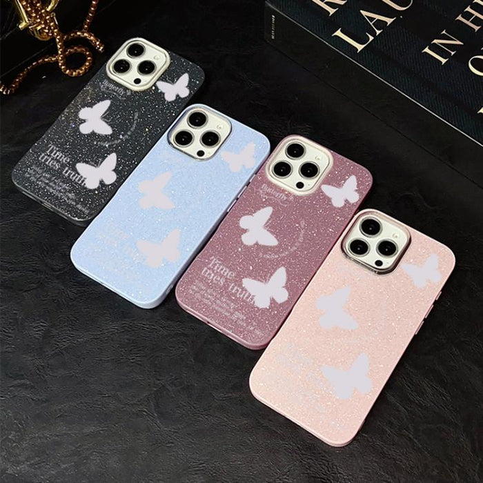 Funda híbrida para teléfono IMD con estampado de mariposas blancas y purpurina, de PC y TPU., For iPhone 11 Pro Max, For iPhone 11, For iPhone 11 Pro, For iPhone XS / X, For iPhone XR, For iPhone XS Max, For iPhone 8 Plus / 7 Plus                      ...
