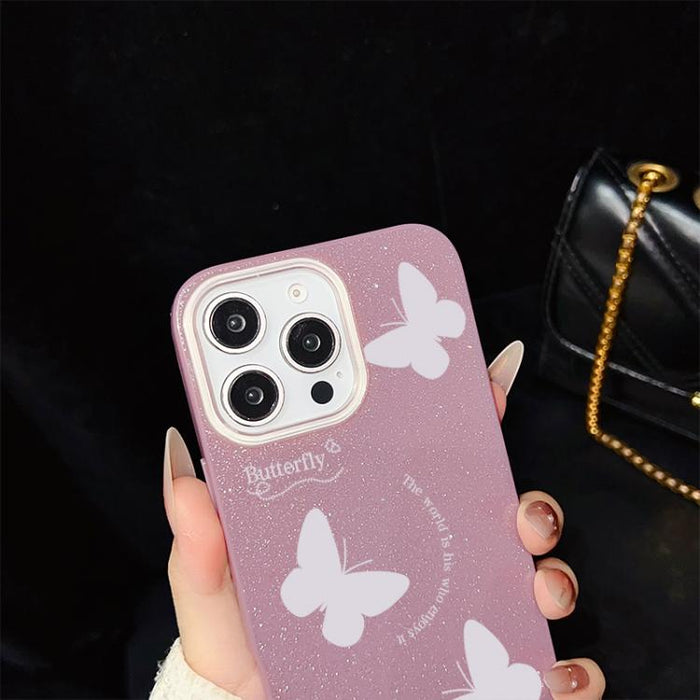 Funda híbrida para teléfono IMD con estampado de mariposas blancas y purpurina, de PC y TPU., For iPhone 17e / 16e, For iPhone 17 Pro Max, For iPhone 17 Pro, For iPhone 17, For iPhone Air, For iPhone 16 Pro Max, For iPhone 16 Pro, For iPhone 16 Plus   ...