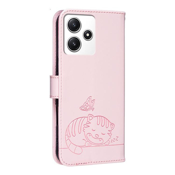 Funda para teléfono de piel vegana con estampado RFID de mariposa y gato, con correa., For Redmi 12 4G / 5G, For Redmi K70