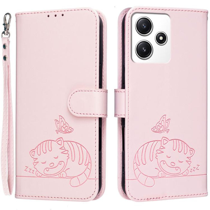 Funda para teléfono de piel vegana con estampado RFID de mariposa y gato, con correa., For Redmi 12 4G / 5G, For Redmi K70