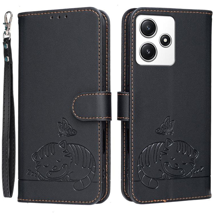 Funda para teléfono de piel vegana con estampado RFID de mariposa y gato, con correa., For Redmi 12 4G / 5G, For Redmi K70