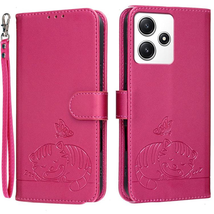 Funda para teléfono de piel vegana con estampado RFID de mariposa y gato, con correa., For Redmi 12 4G / 5G, For Redmi K70