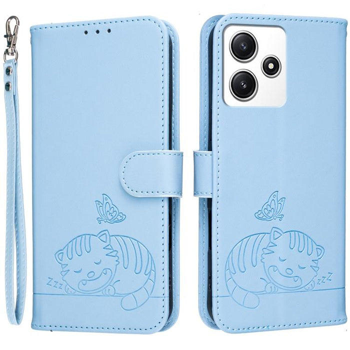 Funda para teléfono de piel vegana con estampado RFID de mariposa y gato, con correa., For Redmi 12 4G / 5G, For Redmi K70