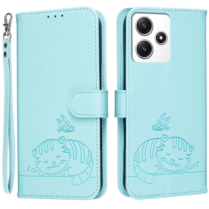 Funda para teléfono de piel vegana con estampado RFID de mariposa y gato, con correa., For Redmi 12 4G / 5G, For Redmi K70