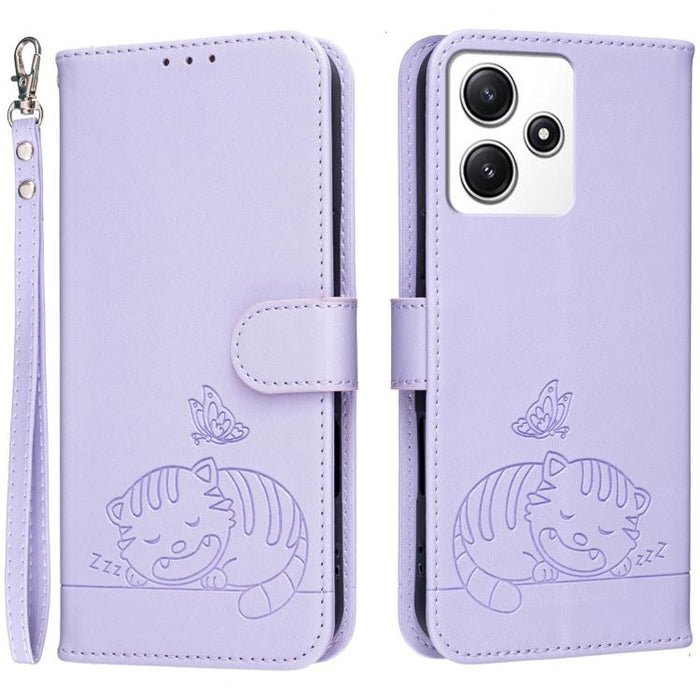 Funda para teléfono de piel vegana con estampado RFID de mariposa y gato, con correa., For Redmi 12 4G / 5G, For Redmi K70