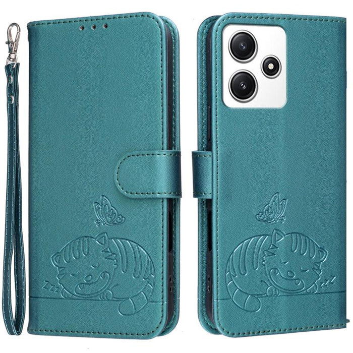Funda para teléfono de piel vegana con estampado RFID de mariposa y gato, con correa., For Redmi 12 4G / 5G, For Redmi K70
