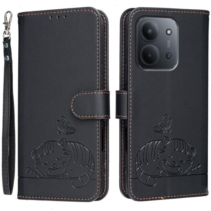 Funda para teléfono de piel vegana con estampado RFID de mariposa y gato, con correa., For Redmi 15C 5G / 4G Global 171mm, For Redmi 15C 5G / 4G EU 173mm, For Redmi A5 4G 173.3mm, For Redmi A5 4G 171.7mm, For Redmi Note 14 4G 164.84mm                  ...