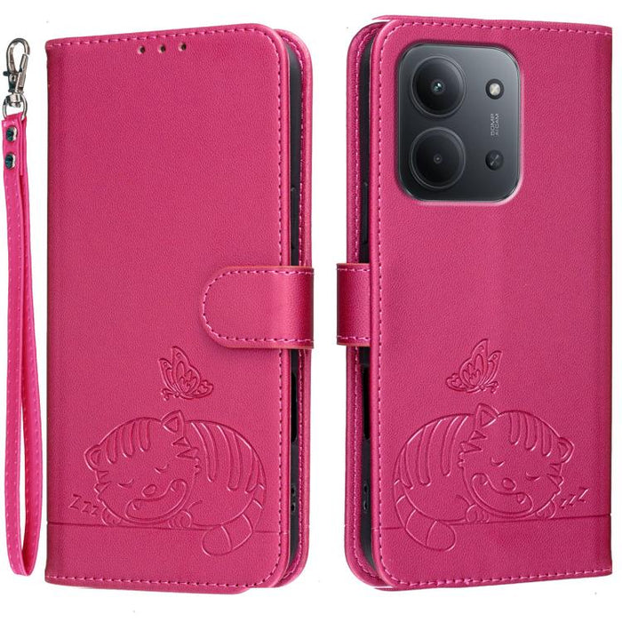 Funda para teléfono de piel vegana con estampado RFID de mariposa y gato, con correa., For Redmi 15C 5G / 4G Global 171mm, For Redmi 15C 5G / 4G EU 173mm, For Redmi A5 4G 173.3mm, For Redmi A5 4G 171.7mm, For Redmi Note 14 4G 164.84mm                  ...