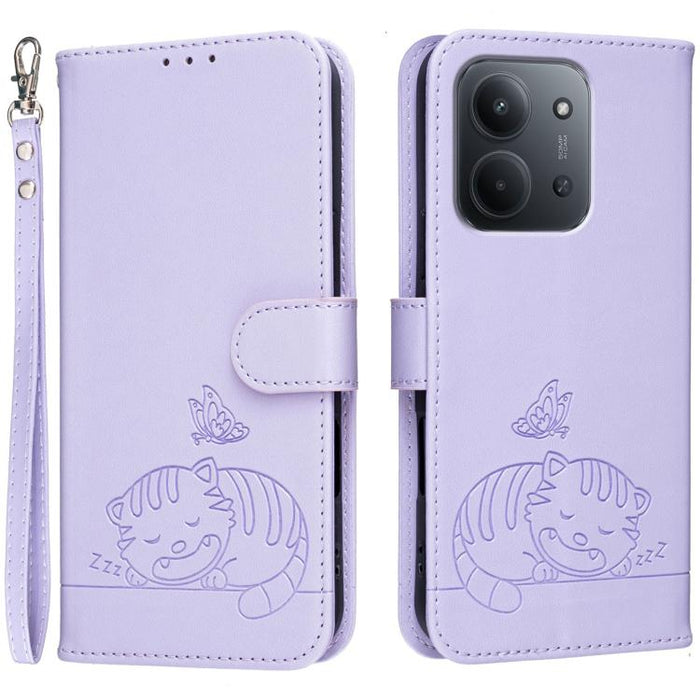 Funda para teléfono de piel vegana con estampado RFID de mariposa y gato, con correa., For Redmi 15C 5G / 4G Global 171mm, For Redmi 15C 5G / 4G EU 173mm, For Redmi A5 4G 173.3mm, For Redmi A5 4G 171.7mm, For Redmi Note 14 4G 164.84mm                  ...