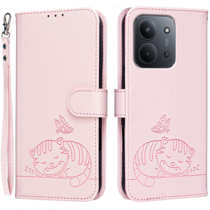 Funda para teléfono de piel vegana con estampado RFID de mariposa y gato, con correa., For Redmi 15C 5G / 4G Global 171mm, For Redmi 15C 5G / 4G EU 173mm, For Redmi A5 4G 173.3mm, For Redmi A5 4G 171.7mm, For Redmi Note 14 4G 164.84mm                  ...