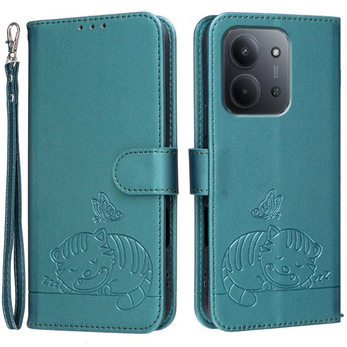 Funda para teléfono de piel vegana con estampado RFID de mariposa y gato, con correa., For Redmi 15C 5G / 4G Global 171mm, For Redmi 15C 5G / 4G EU 173mm, For Redmi A5 4G 173.3mm, For Redmi A5 4G 171.7mm, For Redmi Note 14 4G 164.84mm                  ...
