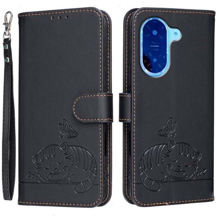 Funda para teléfono de piel vegana con estampado RFID de mariposa y gato, con correa., For Redmi 15C 5G / 4G Global 171mm, For Redmi 15C 5G / 4G EU 173mm, For Redmi A5 4G 173.3mm, For Redmi A5 4G 171.7mm, For Redmi Note 14 4G 164.84mm                  ...