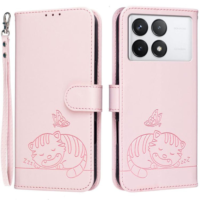 Funda para teléfono de piel vegana con estampado RFID de mariposa y gato, con correa., For Redmi 12 4G / 5G, For Redmi K70