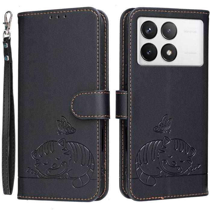 Funda para teléfono de piel vegana con estampado RFID de mariposa y gato, con correa., For Redmi 12 4G / 5G, For Redmi K70