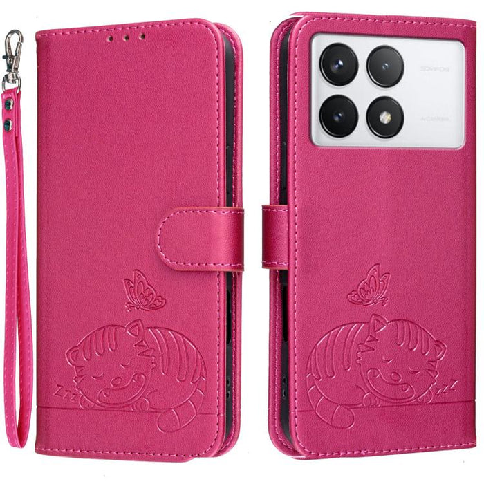 Funda para teléfono de piel vegana con estampado RFID de mariposa y gato, con correa., For Redmi 12 4G / 5G, For Redmi K70