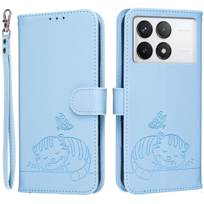 Funda para teléfono de piel vegana con estampado RFID de mariposa y gato, con correa., For Redmi 12 4G / 5G, For Redmi K70