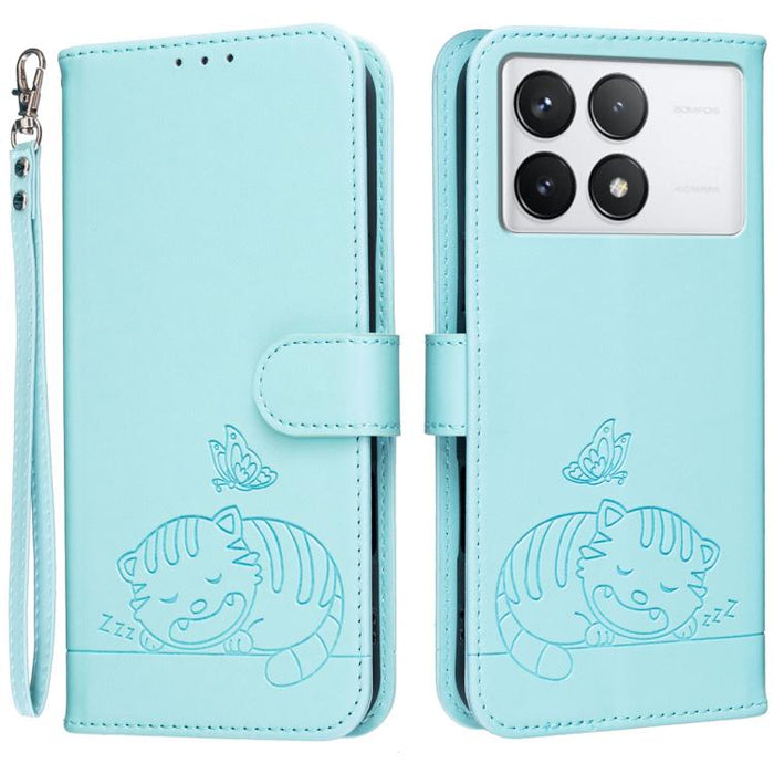 Funda para teléfono de piel vegana con estampado RFID de mariposa y gato, con correa., For Redmi 12 4G / 5G, For Redmi K70